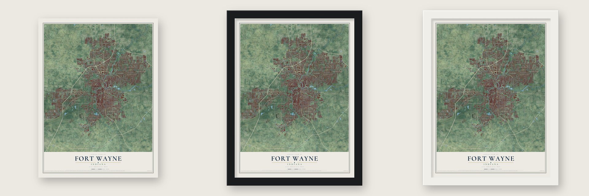 Fort Wayne, Indiana map unframed, in a black wood frame and in a white wood frame