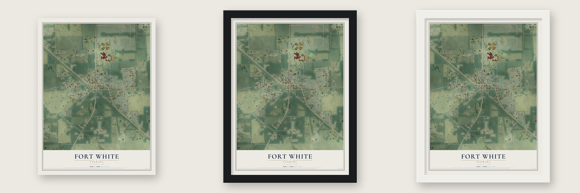 Fort White, Florida map unframed, in a black wood frame and in a white wood frame