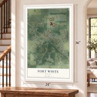 Fort White, Florida map, 24 x 36 inch print in a white frame by a staircase