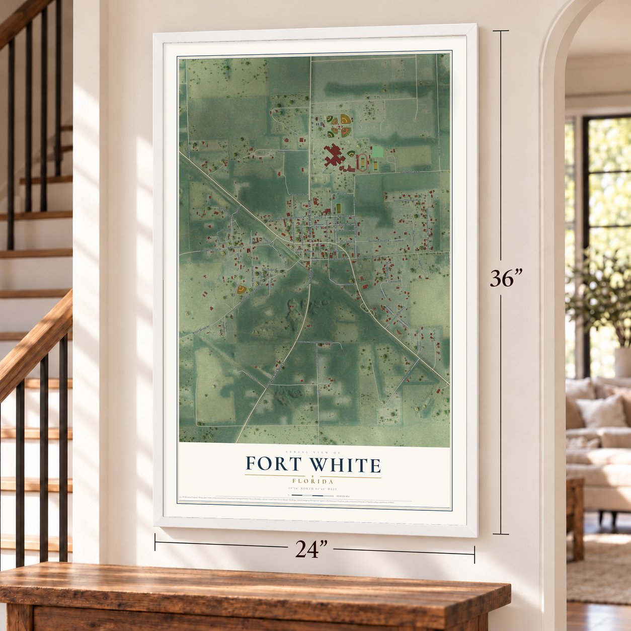 Fort White, Florida map, 24 x 36 inch print in a white frame by a staircase