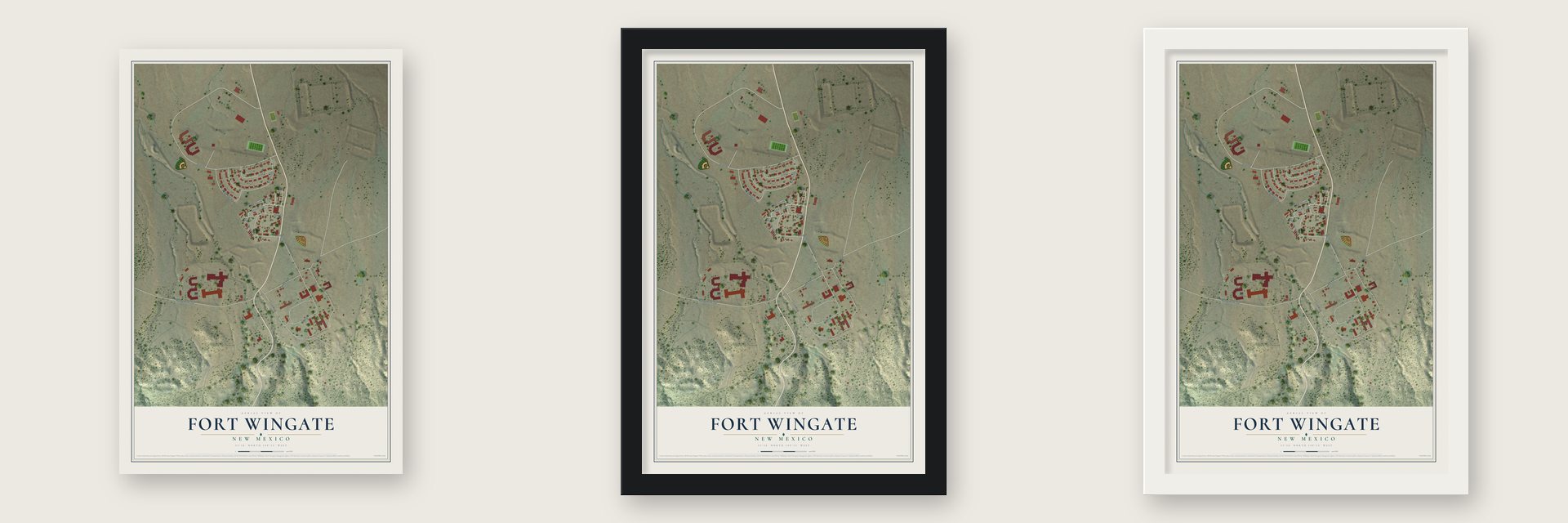 Fort Wingate, New Mexico map unframed, in a black wood frame and in a white wood frame