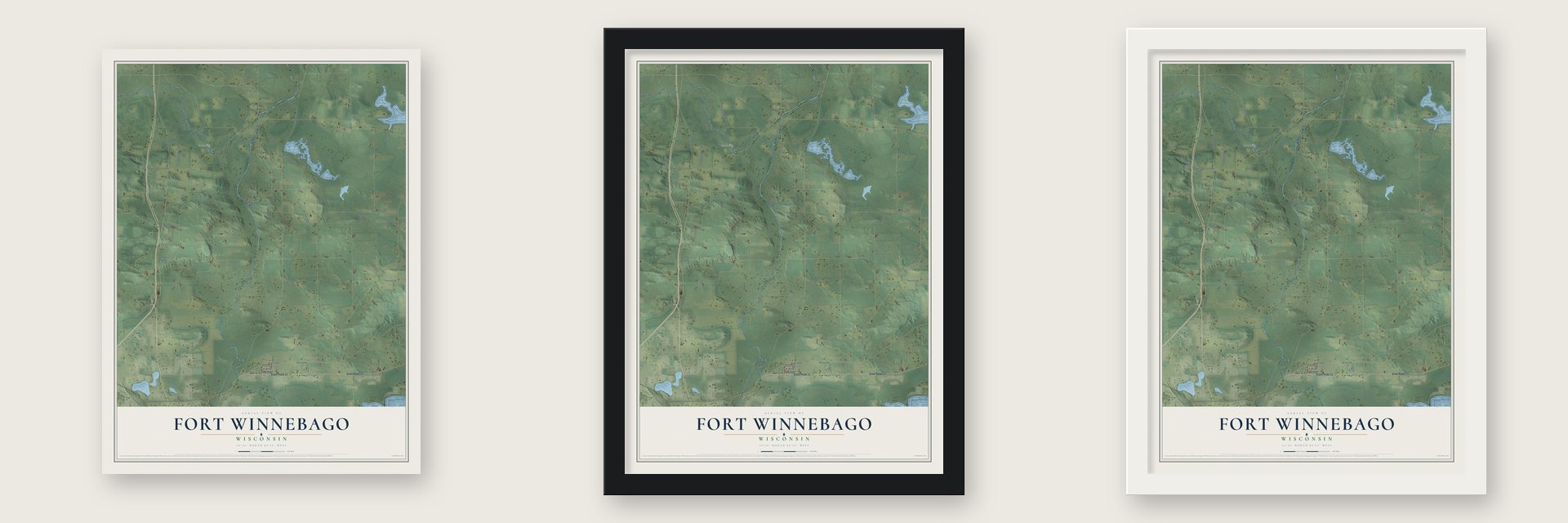 Fort Winnebago, Wisconsin map unframed, in a black wood frame and in a white wood frame