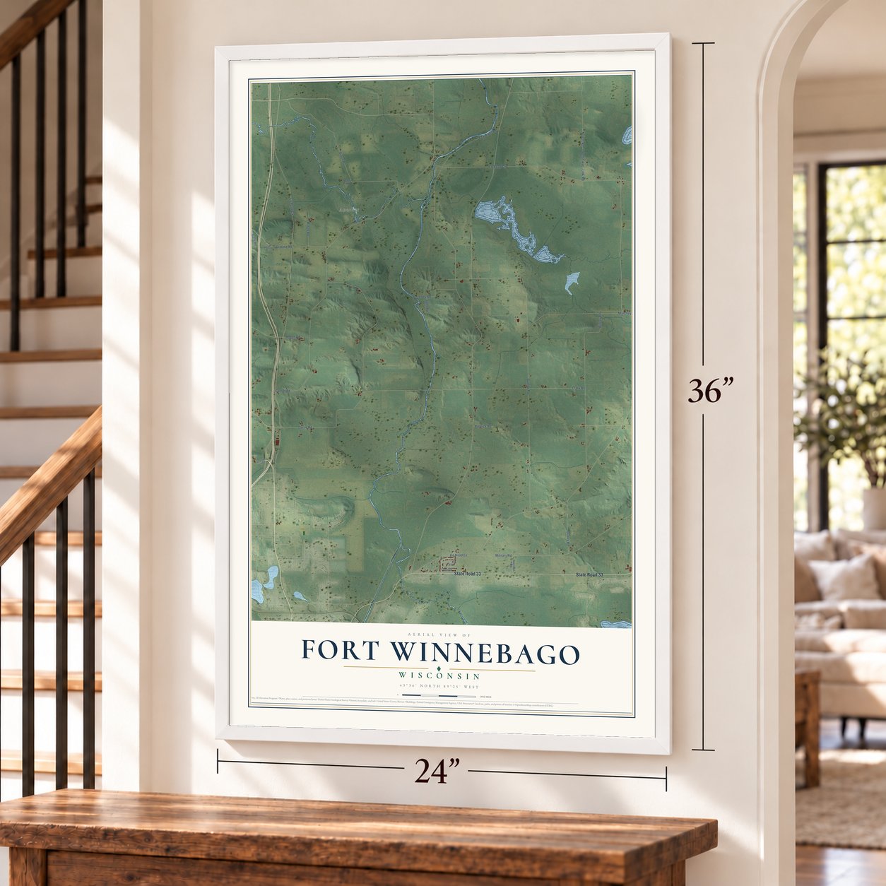 Fort Winnebago, Wisconsin map, 24 x 36 inch print in a white frame by a staircase