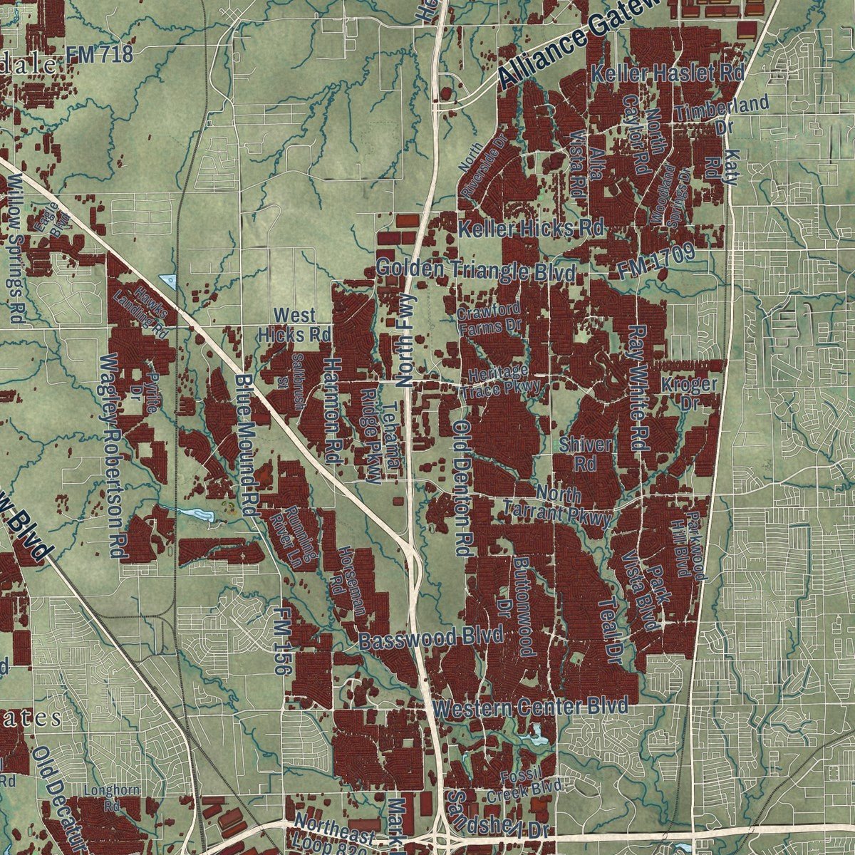 Second close-up of the map of Fort Worth, Texas print showing more streets and buildings