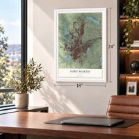 Fort Worth, Texas map, 18 x 24 inch print in a white frame in a home office
