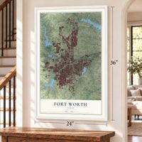 Fort Worth, Texas map, 24 x 36 inch print in a white frame by a staircase