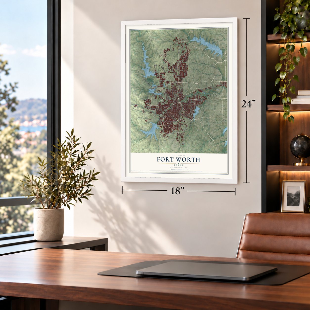 Fort Worth, Texas map, 18 x 24 inch print in a white frame in a home office