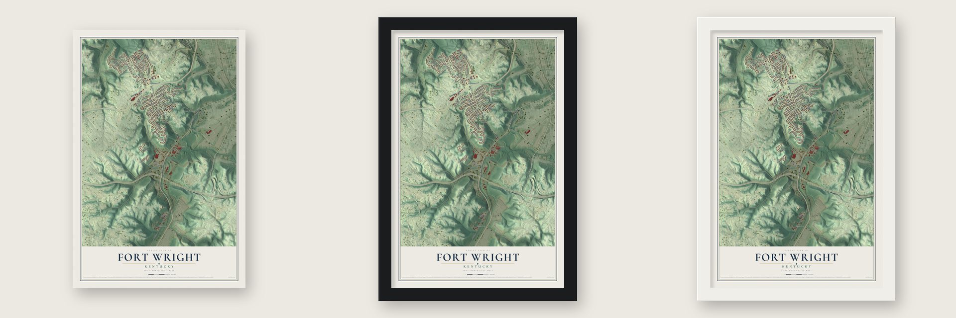 Fort Wright, Kentucky map unframed, in a black wood frame and in a white wood frame