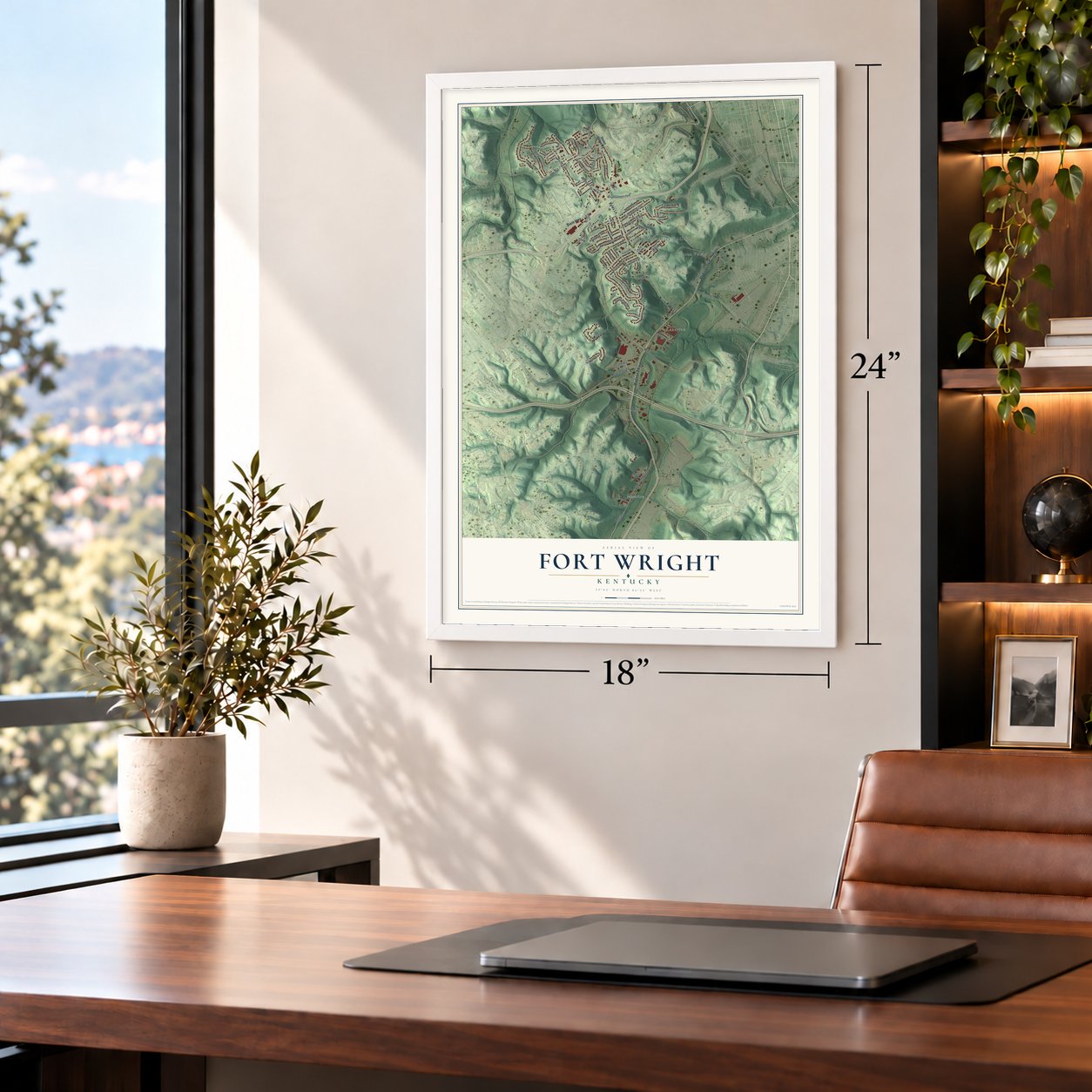 Fort Wright, Kentucky map, 18 x 24 inch print in a white frame in a home office