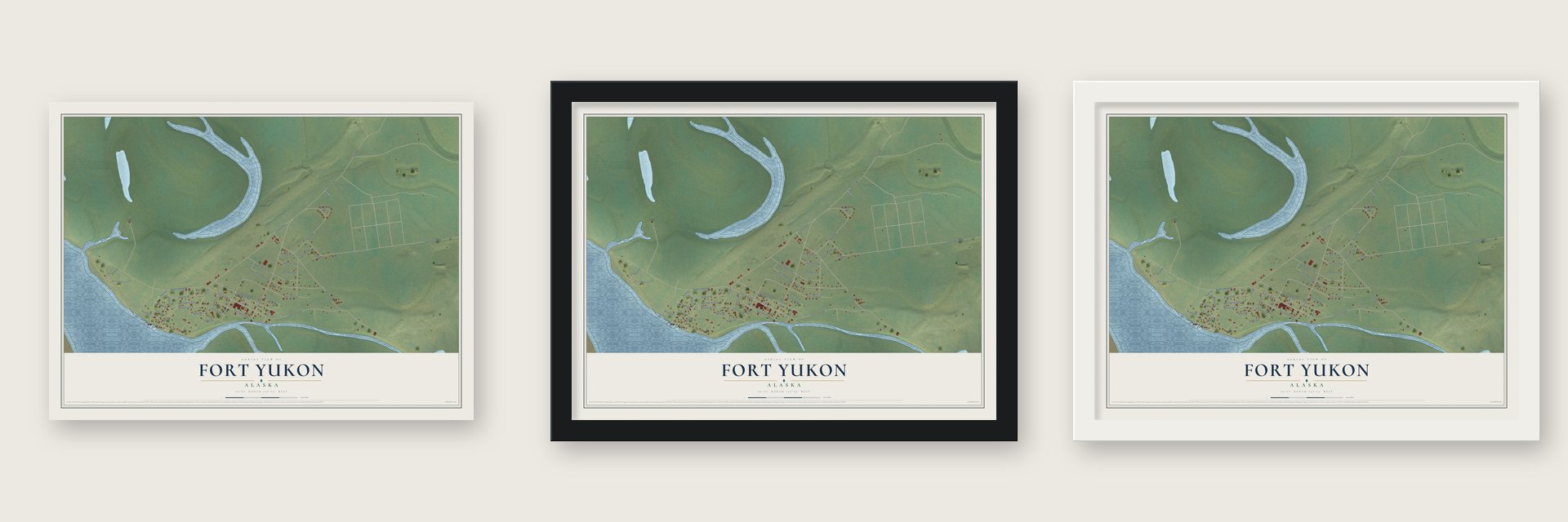 Fort Yukon, Alaska map unframed, in a black wood frame and in a white wood frame