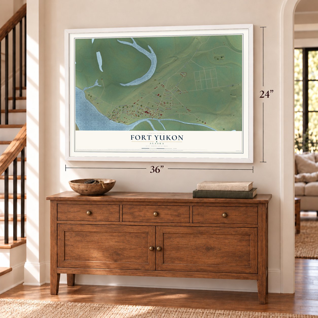 Fort Yukon, Alaska map, 24 x 36 inch print in a white frame above a dresser by a staircase