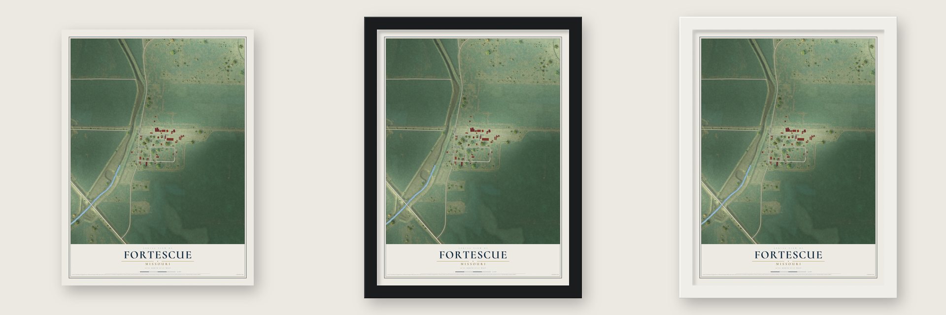 Fortescue, Missouri map unframed, in a black wood frame and in a white wood frame