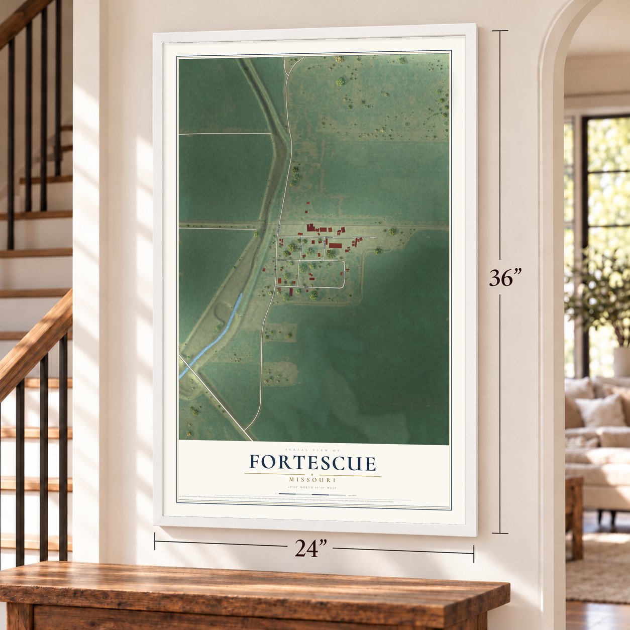 Fortescue, Missouri map, 24 x 36 inch print in a white frame by a staircase
