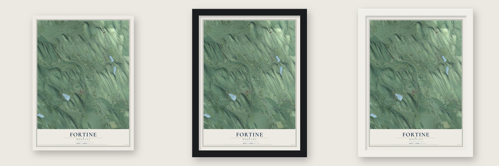 Fortine, Montana map unframed, in a black wood frame and in a white wood frame