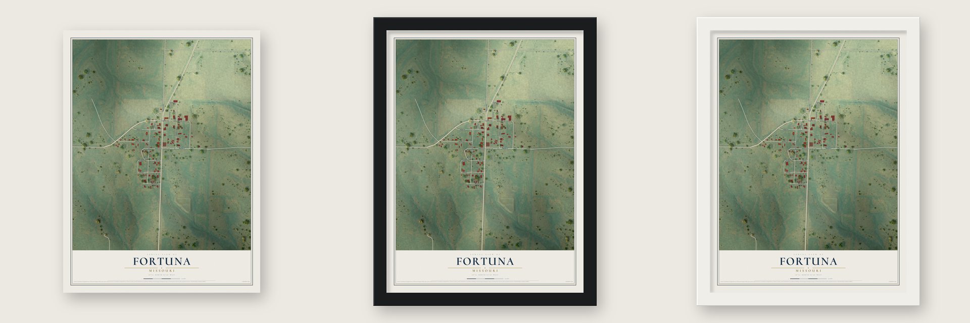Fortuna, Missouri map unframed, in a black wood frame and in a white wood frame