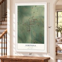 Fortuna, Missouri map, 24 x 36 inch print in a white frame by a staircase