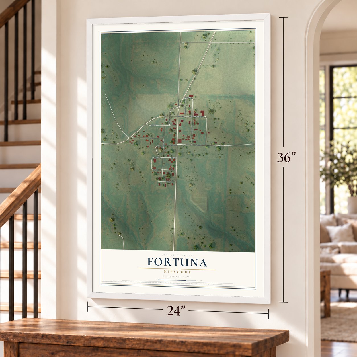 Fortuna, Missouri map, 24 x 36 inch print in a white frame by a staircase