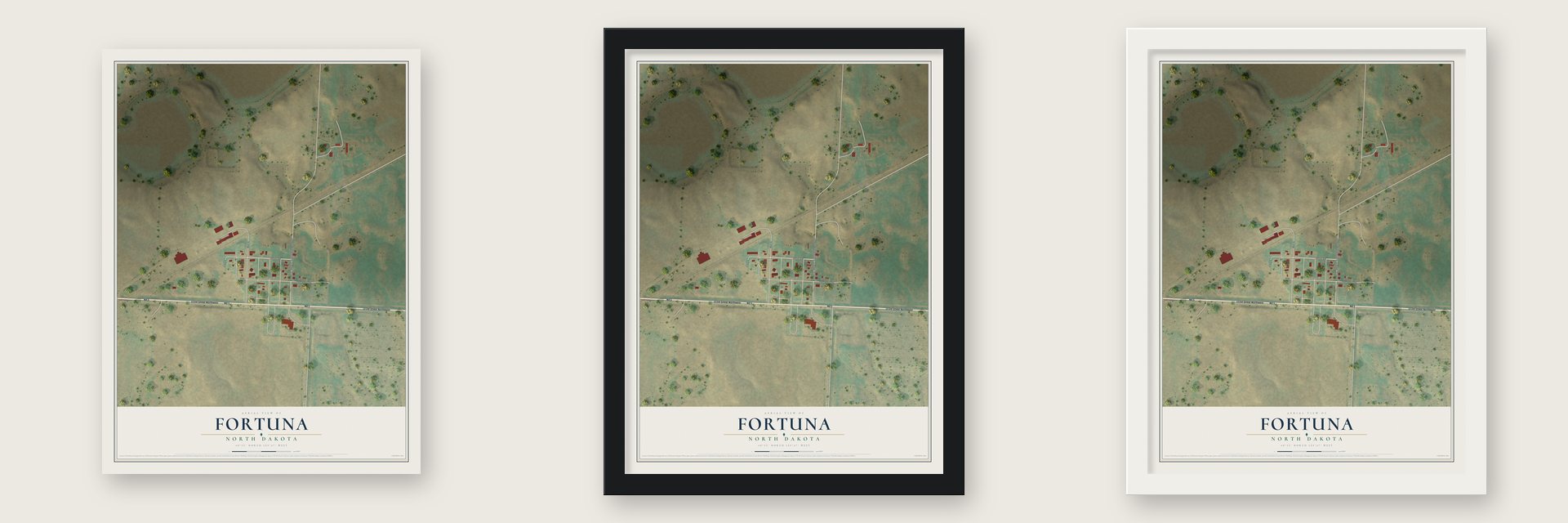 Fortuna, North Dakota map unframed, in a black wood frame and in a white wood frame