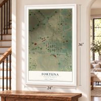 Fortuna, North Dakota map, 24 x 36 inch print in a white frame by a staircase
