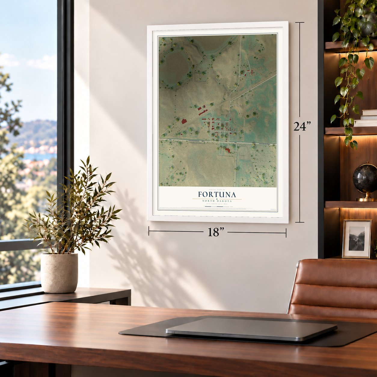 Fortuna, North Dakota map, 18 x 24 inch print in a white frame in a home office