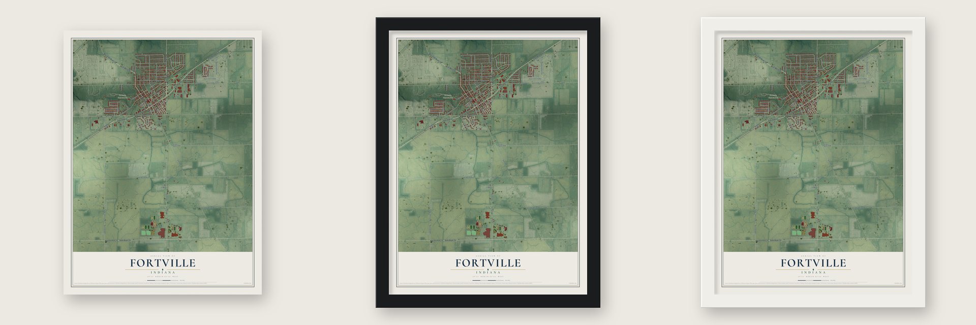 Fortville, Indiana map unframed, in a black wood frame and in a white wood frame
