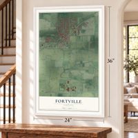 Fortville, Indiana map, 24 x 36 inch print in a white frame by a staircase
