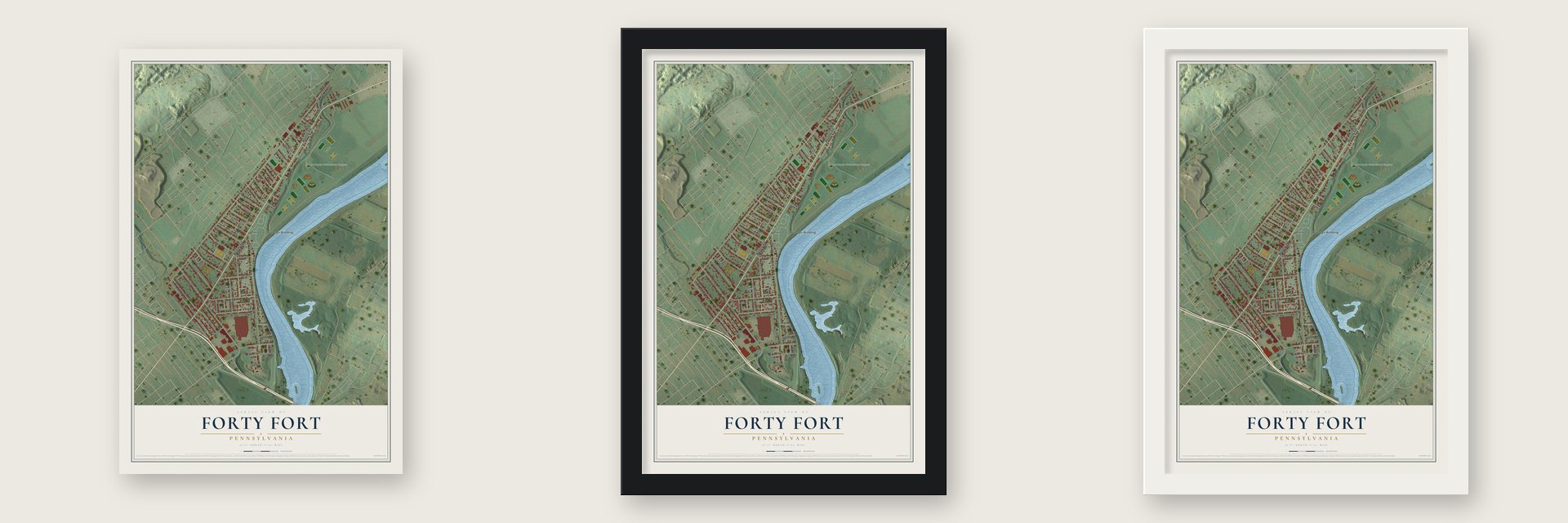 Forty Fort, Pennsylvania map unframed, in a black wood frame and in a white wood frame