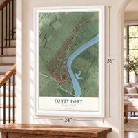 Forty Fort, Pennsylvania map, 24 x 36 inch print in a white frame by a staircase