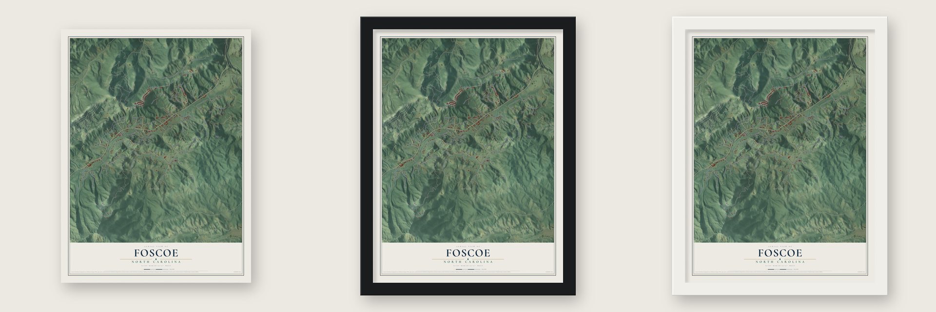Foscoe, North Carolina map unframed, in a black wood frame and in a white wood frame