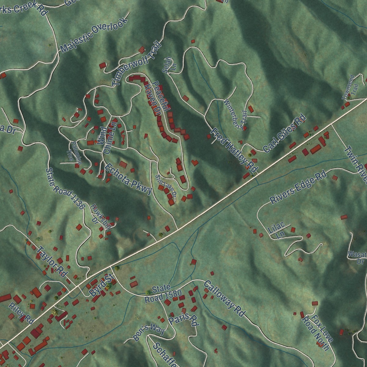 Second close-up of the map of Foscoe, North Carolina print showing more streets and buildings