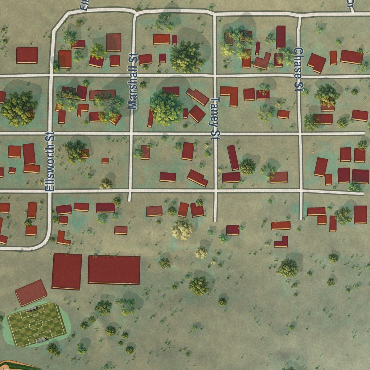 Second close-up of the map of Fossil, Oregon print showing more streets and buildings