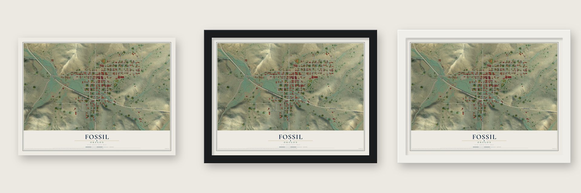 Fossil, Oregon map unframed, in a black wood frame and in a white wood frame