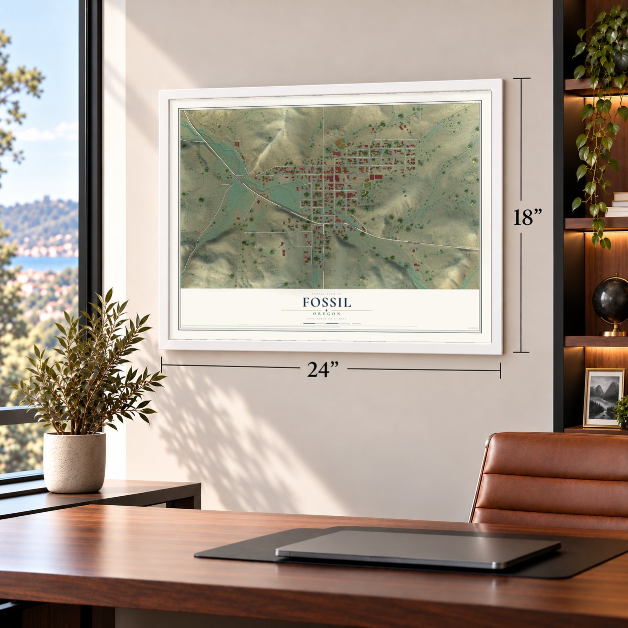 Fossil, Oregon map, 18 x 24 inch print in a white frame in a home office