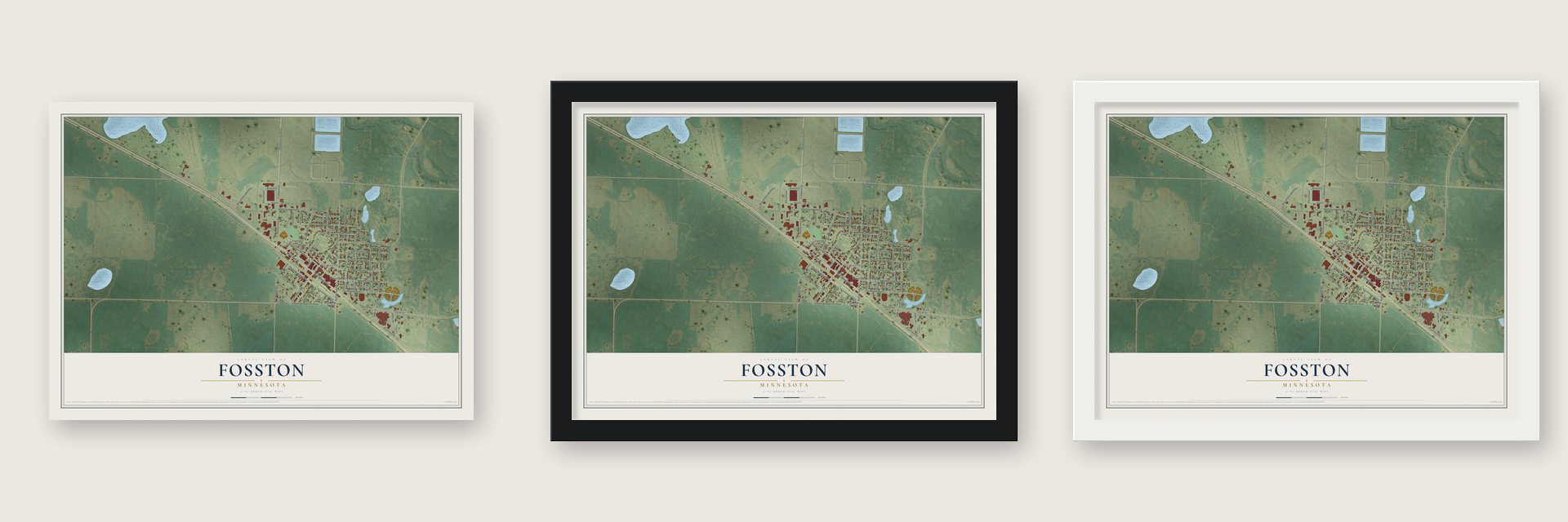 Fosston, Minnesota map unframed, in a black wood frame and in a white wood frame