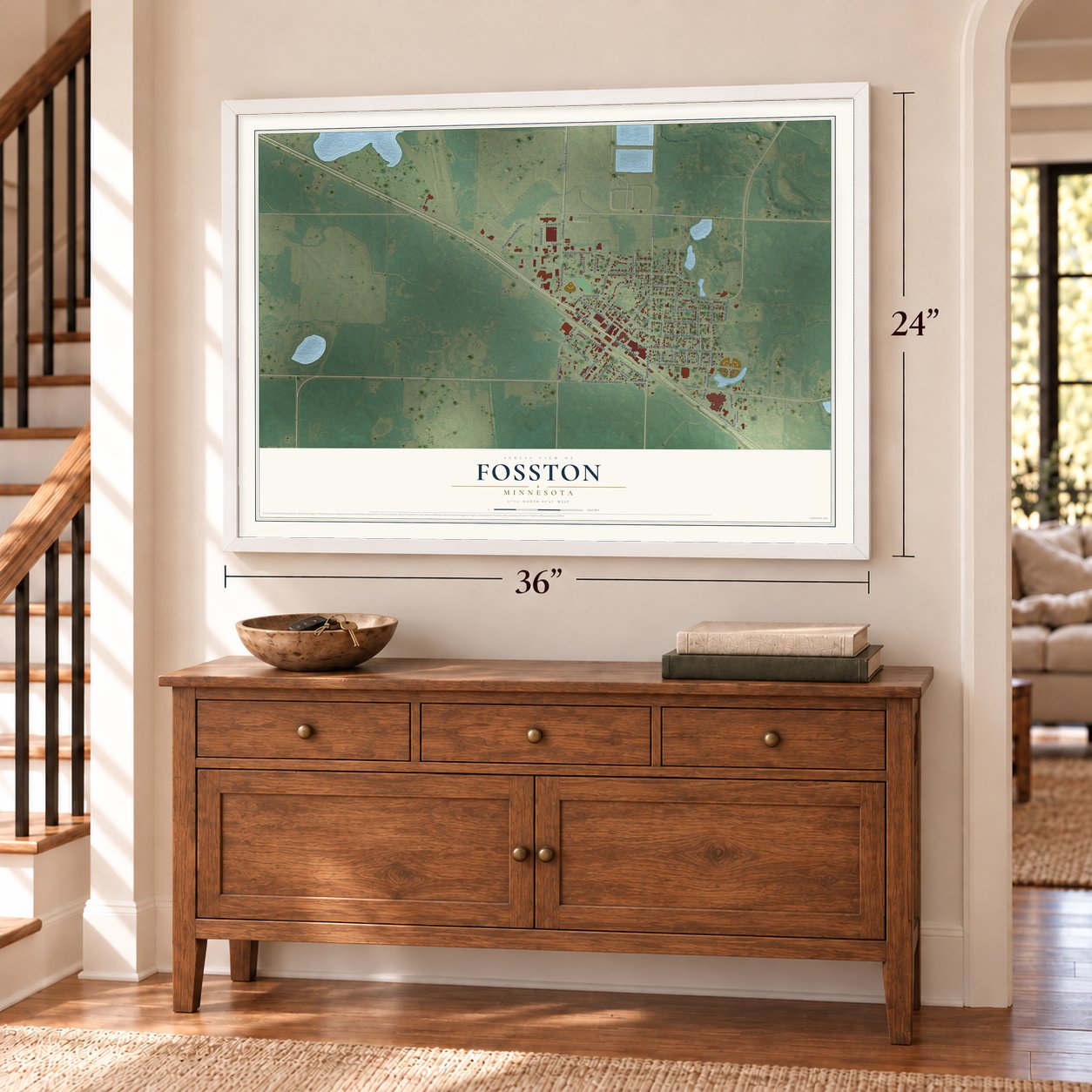 Fosston, Minnesota map, 24 x 36 inch print in a white frame above a dresser by a staircase