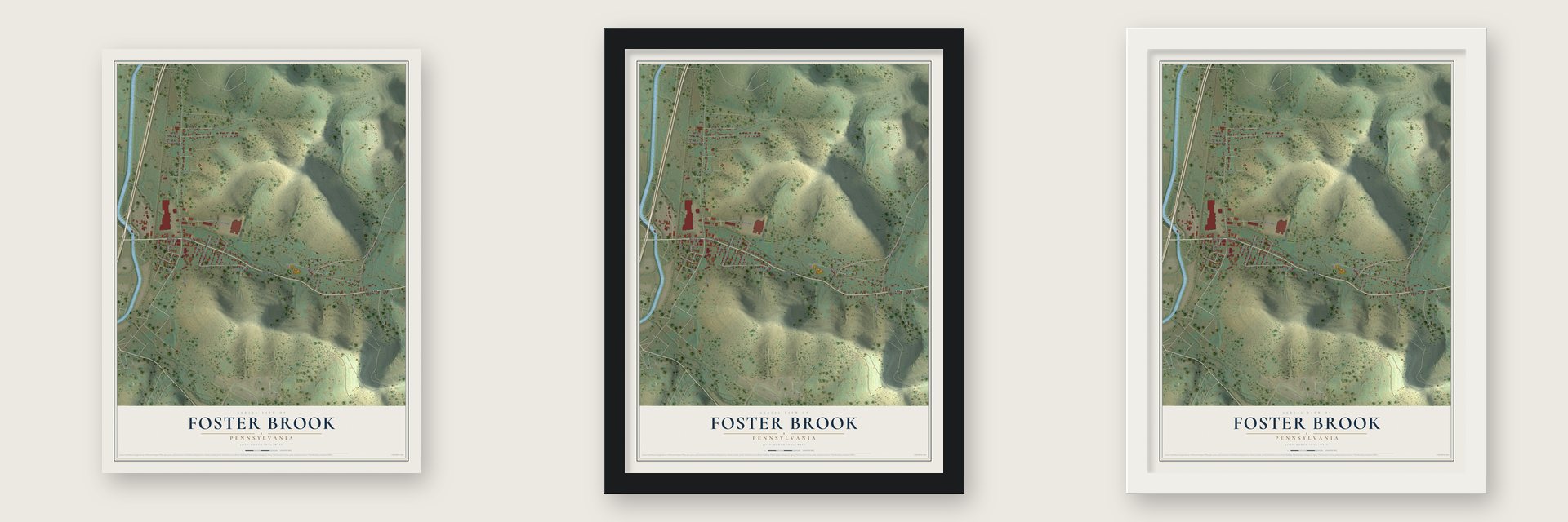 Foster Brook, Pennsylvania map unframed, in a black wood frame and in a white wood frame