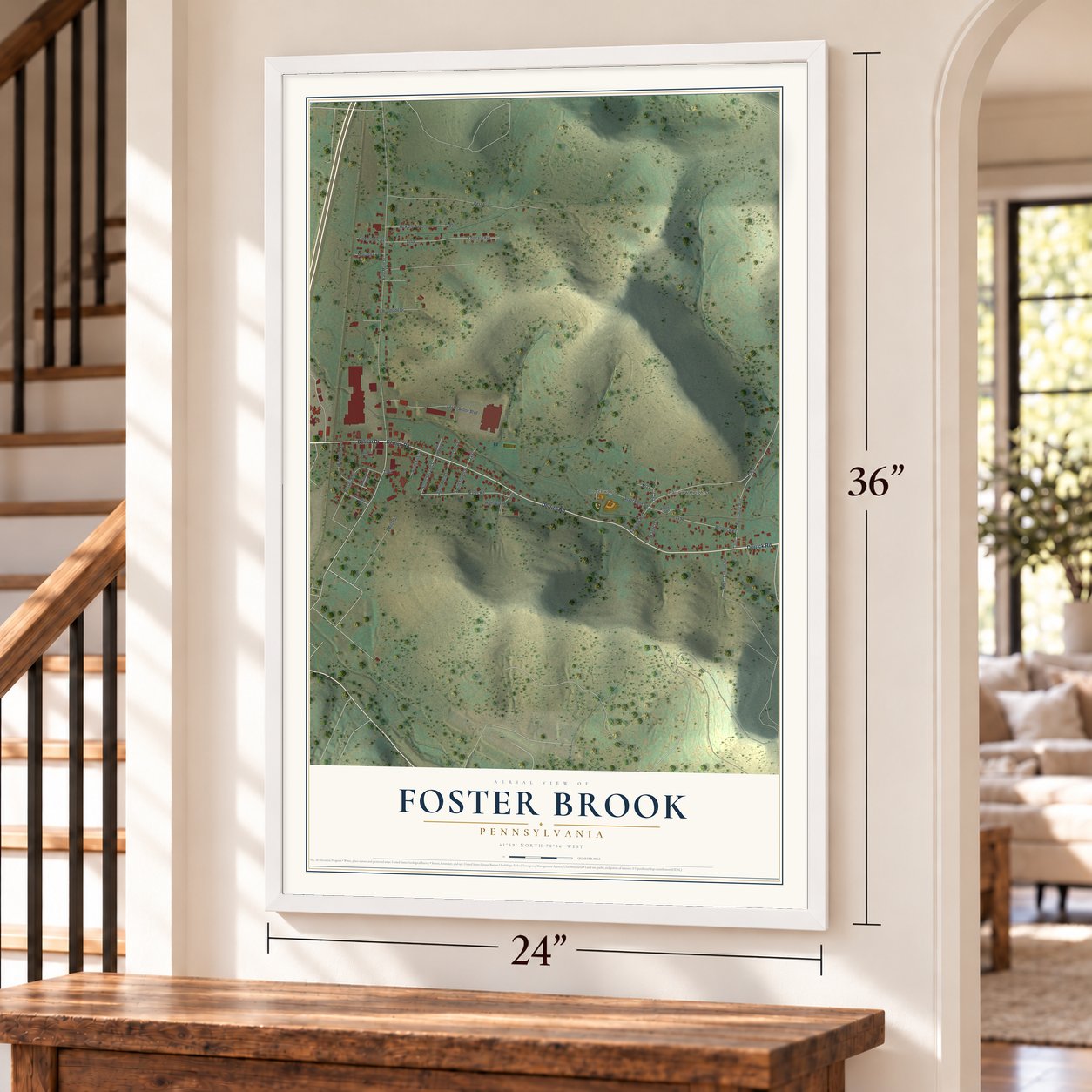 Foster Brook, Pennsylvania map, 24 x 36 inch print in a white frame by a staircase