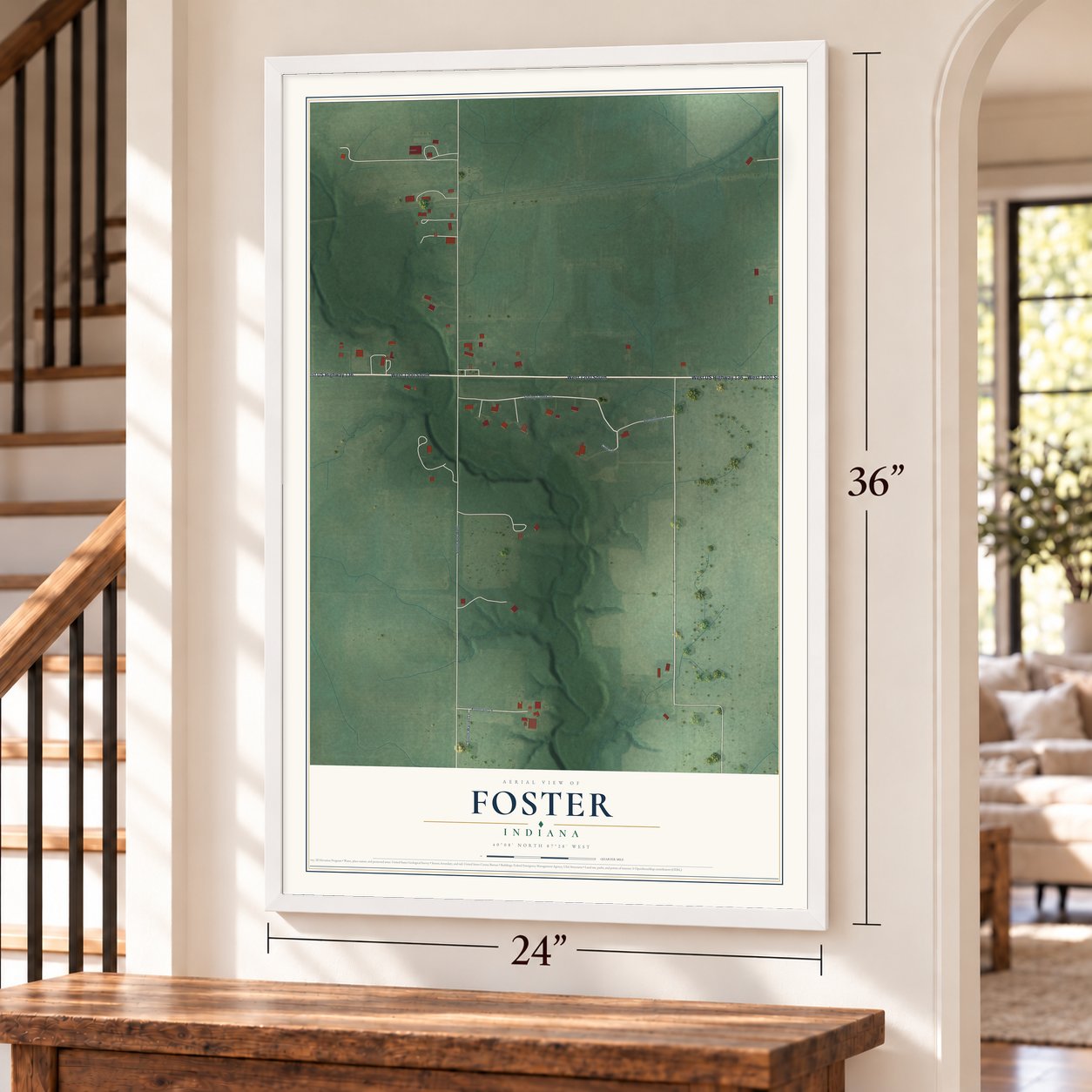Foster, Indiana map, 24 x 36 inch print in a white frame by a staircase
