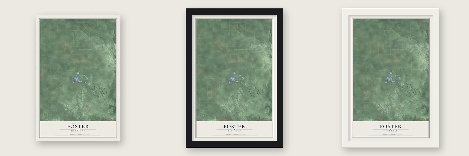 Foster, Michigan map unframed, in a black wood frame and in a white wood frame
