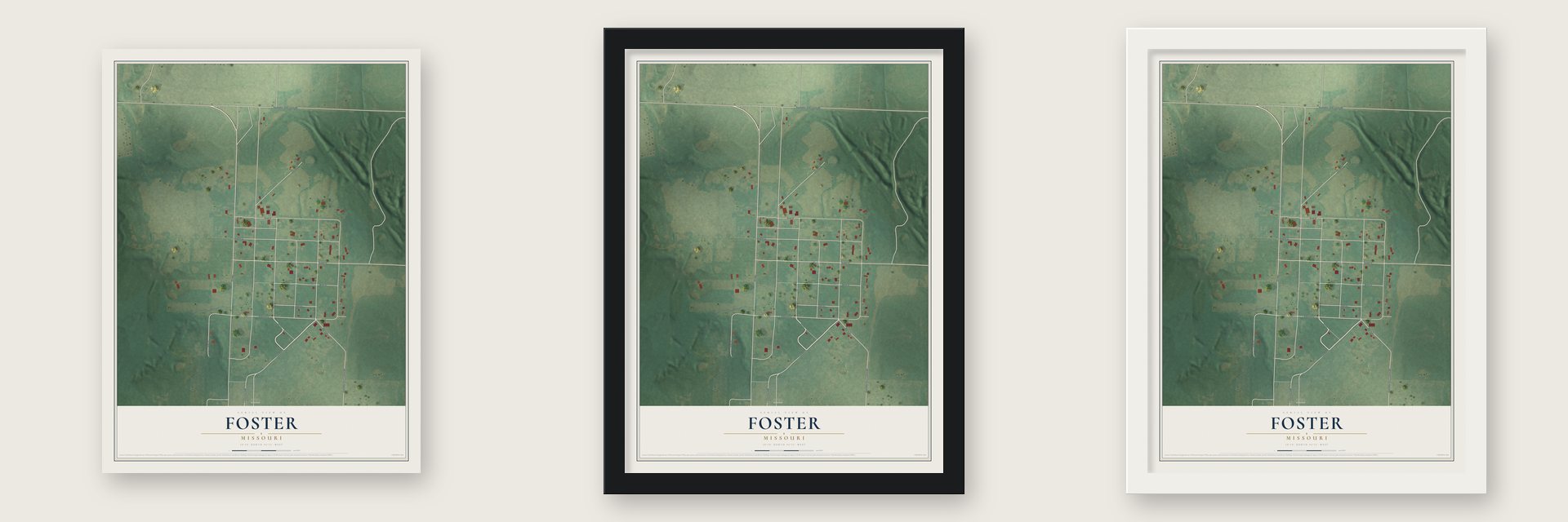 Foster, Missouri map unframed, in a black wood frame and in a white wood frame