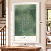Foster, Missouri map, 24 x 36 inch print in a white frame by a staircase