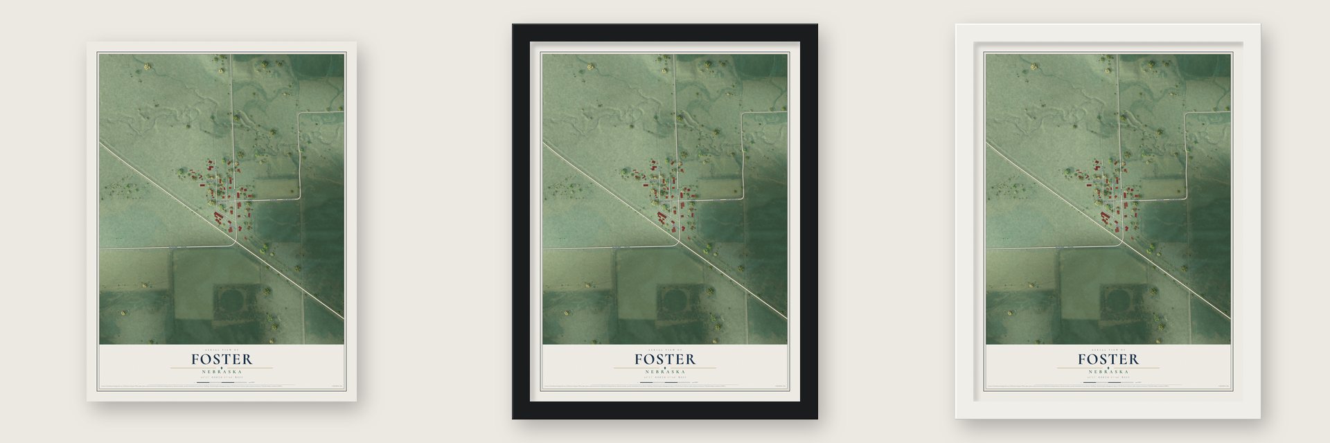 Foster, Nebraska map unframed, in a black wood frame and in a white wood frame