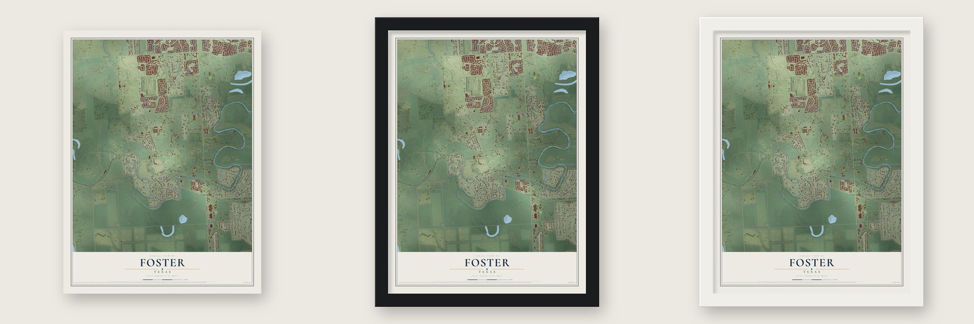 Foster, Texas map unframed, in a black wood frame and in a white wood frame