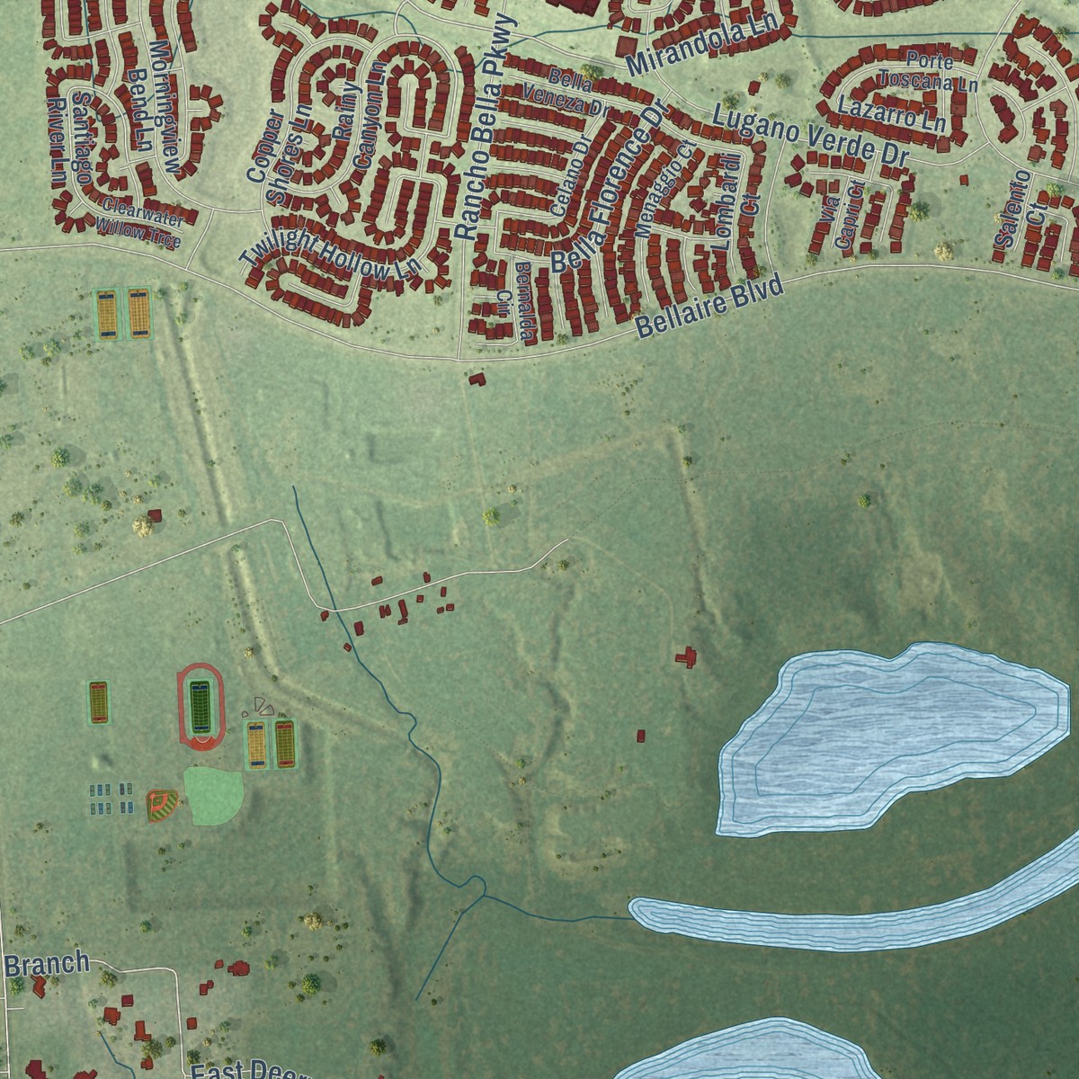 Second close-up of the map of Foster, Texas print showing more streets and buildings