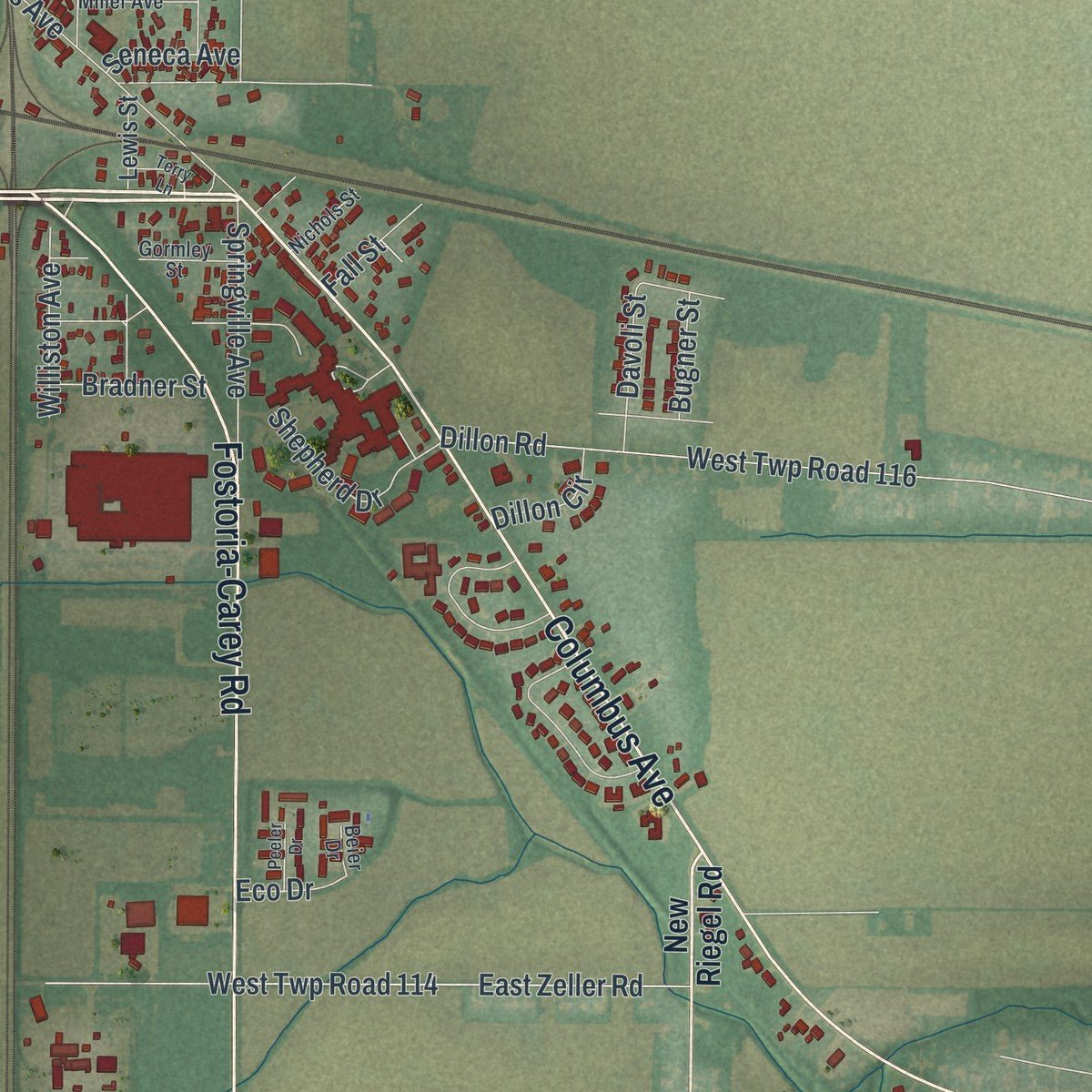 Second close-up of the map of Fostoria, Ohio print showing more streets and buildings