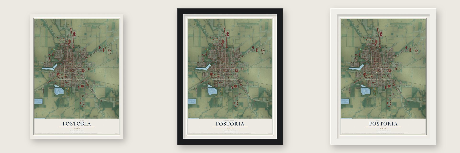 Fostoria, Ohio map unframed, in a black wood frame and in a white wood frame