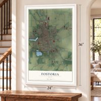 Fostoria, Ohio map, 24 x 36 inch print in a white frame by a staircase