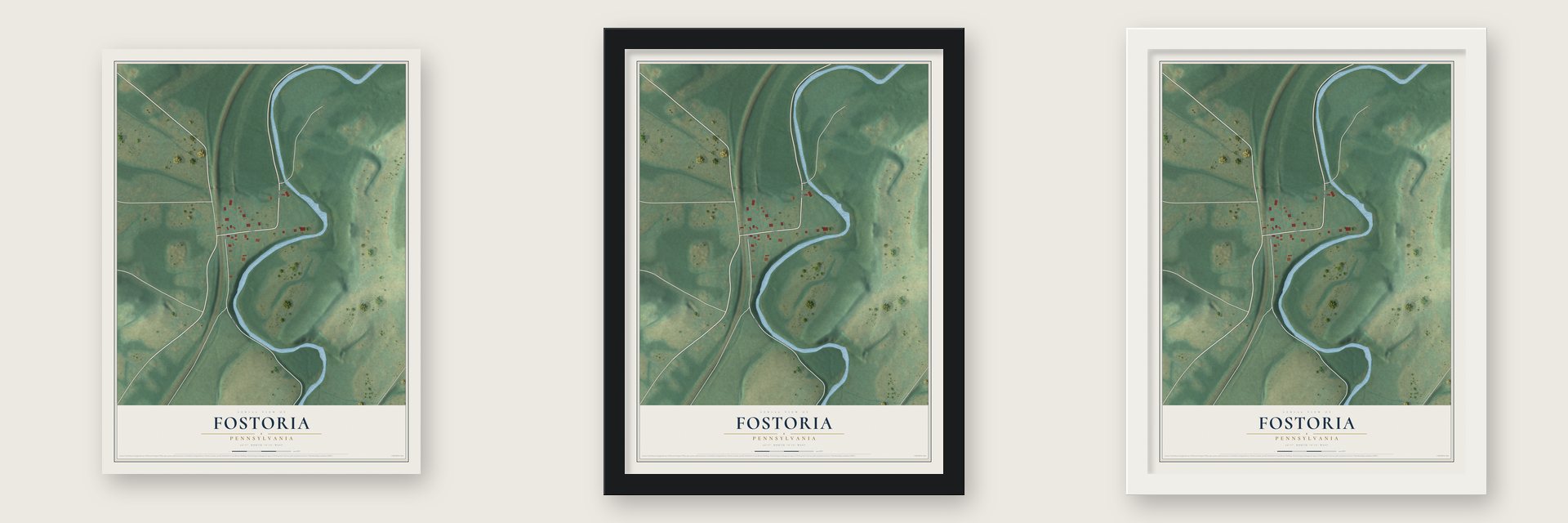 Fostoria, Pennsylvania map unframed, in a black wood frame and in a white wood frame