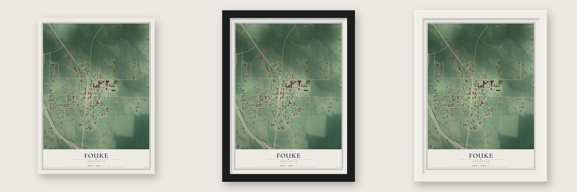 Fouke, Arkansas map unframed, in a black wood frame and in a white wood frame