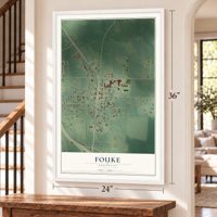 Fouke, Arkansas map, 24 x 36 inch print in a white frame by a staircase
